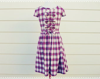 Rag and Bows Plaid Dress - Bow Back Dress, Fall Autumn Plaid Dress, OOAK Plaid Dress, Size Small