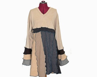 Summer Cashmere and Cotton Dress Recycled Sweater XXL/ 3X Tan Grey Tunic