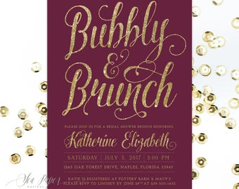 Brunch & Bubbly Bridal Shower Invitation, Bridal Brunch Invite, Champagne Mimosa Bridal Brunch, Burgundy Wine Marsala and Gold - Printed Ava
