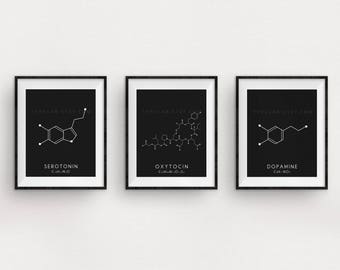 Molecule Printable Art Set - 3 Serotonin, Oxytocin & Dopamine Digital Print - Molecular Structure Chemistry Printable - Instant Download