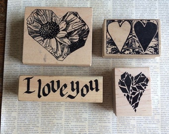 SPECIAL SALE PRICE Four Gently Used Heart Themed Stamps from Magenta on wood blocks