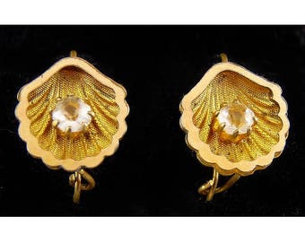 Victorian Gold-Filled Scallop Seashell Earrings with Paste Stones, Pierced