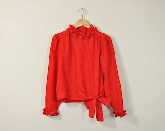 Ruffle Collar Blouse, Vintage 70s Blouse, Romantic Red Blouse, Red Secretary Shirt, Puff Sleeve Blouse, 70s Cropped Tie Waist Blouse