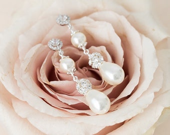 Bridal Earrings Pearl, Wedding Earrings, Teardrop Pearl Earrings, Crystal Pearl Drop Earrings for the Bride