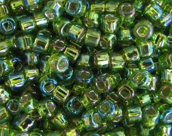 6/0 Lt Green Rainbow Silver Lined Seed Beads, 20 grams Seed Beads, Lt Green Seed Beads, #5866 Japanese seed Beads Item #431
