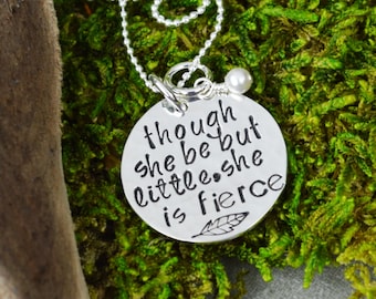 Though She Be But Little She Is Fierce Necklace in Sterling Silver with Feather and Pearl