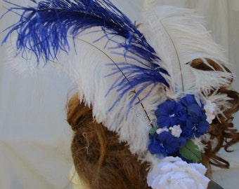 White & Royal Blue Ostrich Feather Marie Antoinette Pompadour Hair Fascinator Ornament Clip WB02