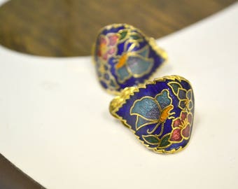 1980s Butterfly Cloisonne Hoop Clip Earrings