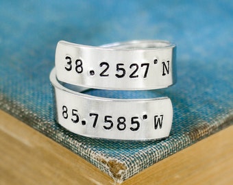 Custom Coordinates Ring - Personalized Ring - Couples Ring - Long Distance Relationship - Anniversary Gift - Adjustable Aluminum Ring