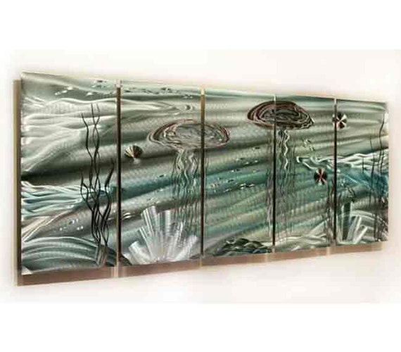 Multi Panel Metal Wall Art in Silver & Teal Large Tropical