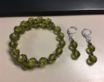 Olive green beaded bracelet and earring set