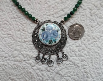 Vintage Russian Finift Floral Enamel Pendant with Malachite Bead Necklace