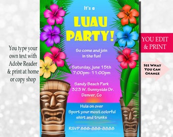 Luau Invitation, Luau Party Invitation, Luau Birthday Invitation, Hawaiian Invitation, Tropical Invitation, Edit Yourself PDF
