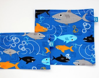Reuseable Eco-Friendly Set of Snack and Sandwich Bags in Sharks Fabric