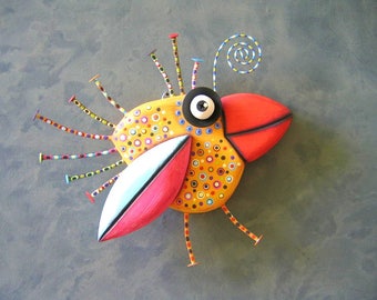 Golden Chickadee, MADE to ORDER, Original Found Object Sculpture, Wood Carving, Wall Decor, Bird Sculpture, by Fig Jam Studio