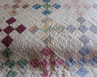 Nine Patch Feedsack Hand Sewn Quilt Antique Nine Patch Pattern Hand Quilted Feed Sack Flour Sack 1930's Quilt 66" x 80"