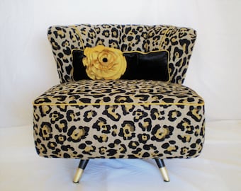 Kroehler, swivel, accent chair, slipper chair, barrel, Upholstered, MCM, Hollywood Glam, lounge chair, animal print, gold, black, couture