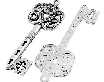6 Skeleton Keys Charms Pendants, 2.2"Antique Silver, Vintage Gold, 4826CS