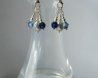 Silver Chandelier Pearl Drop Earrings - Sterling Silver Earrings with Grey Freshwater Pearls with Blue Swarovski Crystal Drops