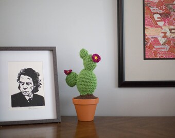 Crocheted prickly pear cactus - handmade crochet home decor - 13" tall plush cactus