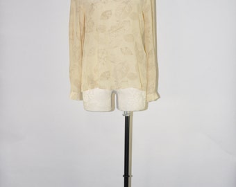 80s leaf print blouse / 1980s cream silk blouse / vintage neutral top / collarless silk blouse