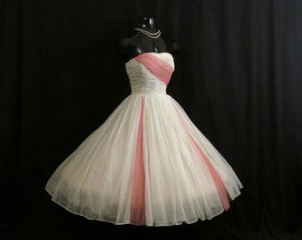 Vintage 1950's 50s White Pink Ruched Chiffon Organza Party Prom Wedding Dress