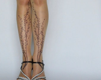 Beautiful Tattoo Tights With Flower , Printed Handmade Tights , Tattoo Women's Pantyhose , tattoo socks
