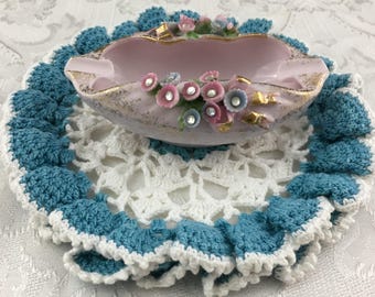 Vintage Lefton Porcelain Applied Flower and Rhinestone Ashtray #0454