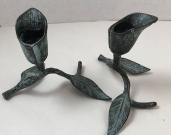 Pair of Solid Brass Tulip Candlestick Holders with vintage – green patina