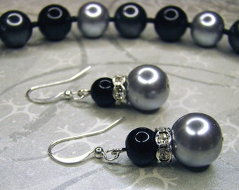 SALE - Swarovski Pearl Cubic Zirconia Necklace and Earrings Set - Black Silver Rhinestone Crystal Bling - Bella Mia Beads - READY to SHIP