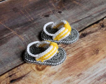 Baby Flip Flops Sandals Boys Girls newborn infant shoes booties shower gift grey yellow gray white knit crochet summer spring photo prop