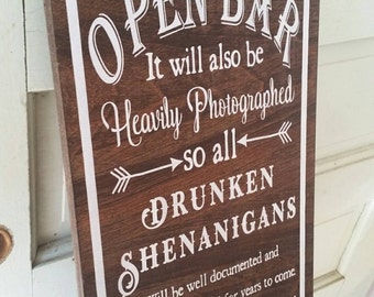 Open Bar Wedding Sign - Dark Stained Wedding Sign - Rustic Wedding Decor 10x20