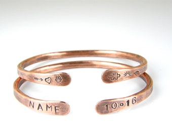 Personalized Copper Wire Bracelet, Mens or Womens Stamped Copper Bracelet, Rustic Antiqued Copper Bangle, 6 Gauge Wire