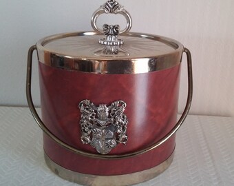 Vintage Ice Bucket, 1960's Vintage Ice Bucket, Coat of Arms Ice Bucket, Vintage Leather Ice Bucket