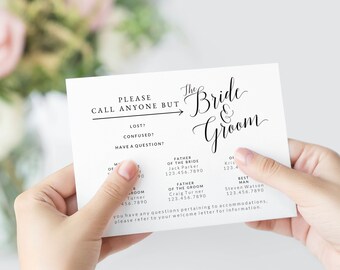 Call Anyone But the Bride and Groom Template, Wedding Contact Cards, Printable Information Cards, Phone Numbers List, Guest Bags for Wedding