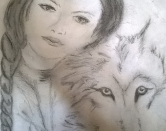 drawing of friendship girl and Wolf