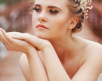 Bridal Headpiece | Wedding Hair accessory | Bridal Adornment | Beaded | Bridal comb | Crystal | Pearl Headpiece | Gold Twigs | Style 530