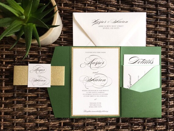 green and gold glitter pocket wedding invitation glitter green invitations