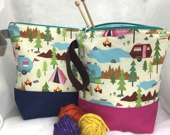 Campfire Knitting Bag, Camping Knitting Bag, Campfire Crochet Bag, Yarn Bag, Knitting Project Bag,