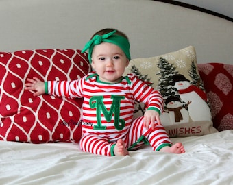 Christmas Pajama Personalized Initial Monogram Baby Boys Girls Red And White Striped Infant Romper Full Piece Long Or Short Sleeve