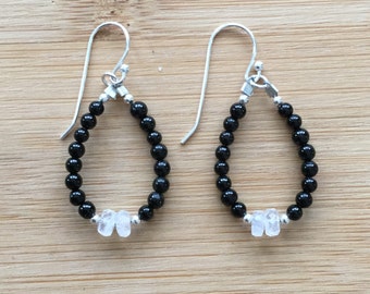 Black Tourmaline and Rainbow Moonstone Tuxedo Earrings, Sterling Silver Earrings, Moonstone Jewelry, Black and White Earrings