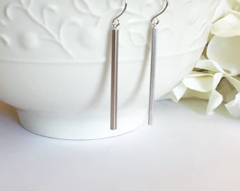 Slim Minimalist Silver Earrings- Silver Skinny Bar Earrings - Simple Bar Dangle Earrings - Silver Bar Earrings- Gift For Her
