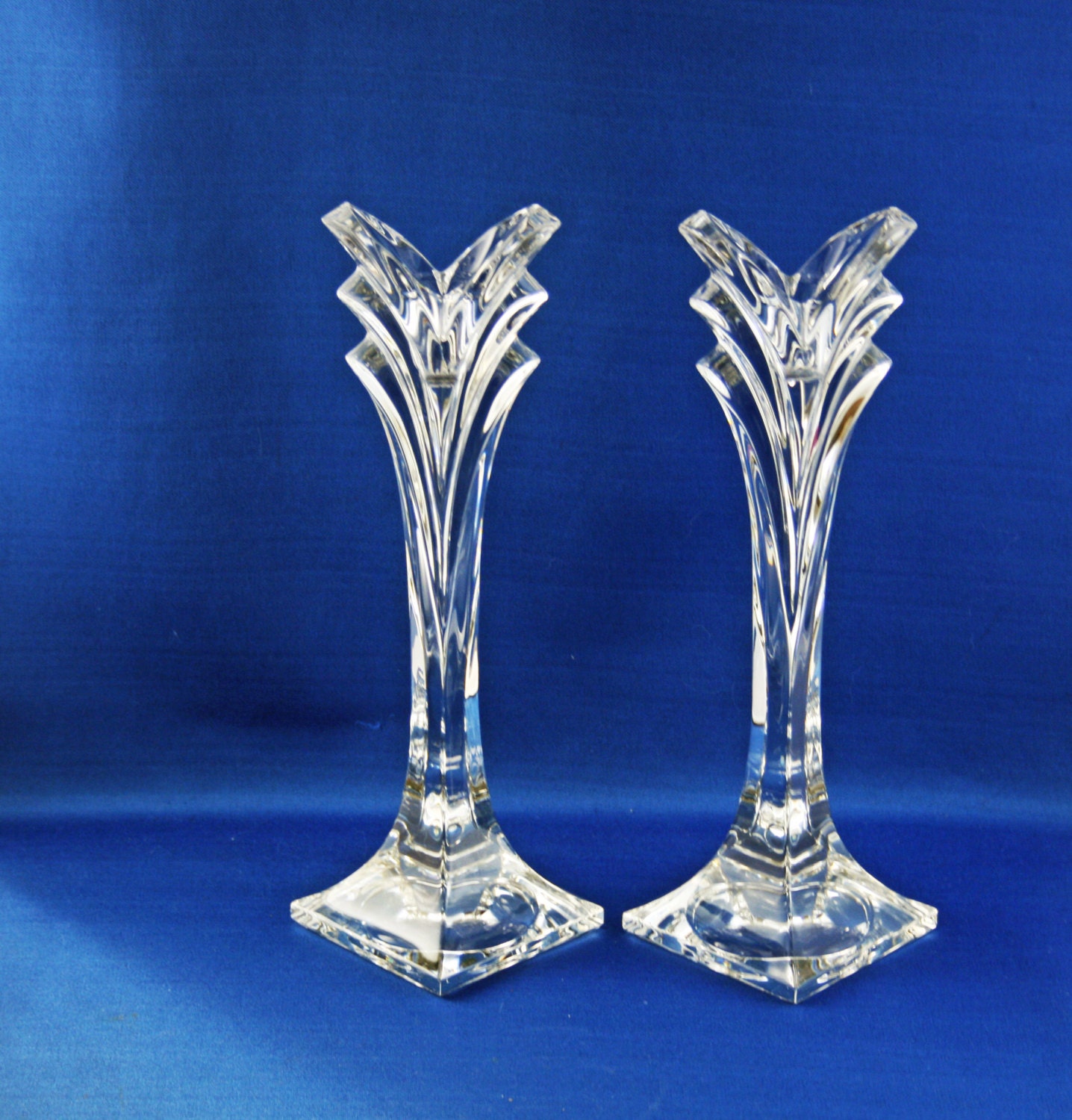 Vintage 93/8” Mikasa Art Deco Polished Lead Crystal Candlestick Set of 2 candle holder Candle