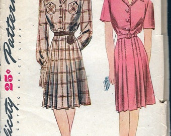 Vintage 1944 Simplicity 1112 WWII Yoked Shirtwaist Dress Sewing Pattern Size 14 Bust 32"