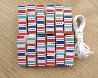 Patriotic Red White and Blue Stripes Clips w Twine for Photo Display - Chunky Little Clothespin Set of 12