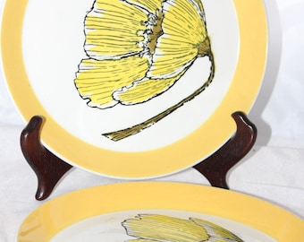 Two Mikasa Duplex Duet Ben Seibel Yellow Gold Salad Plates -- 7.5" Diameter -- Japan -- Gold, White, Flower