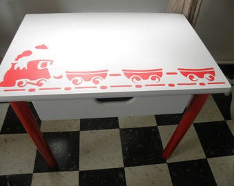 School desk stenciled red train