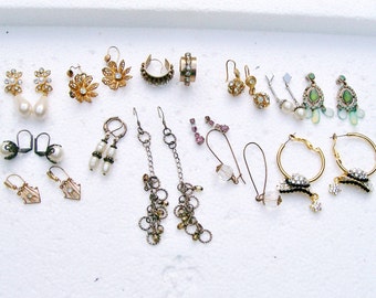 13 Pair PIERCED EARRING LOT Rhinestone Pearl Dangle Drop Crystal 3/8” - 3” Wearable Destash .mm