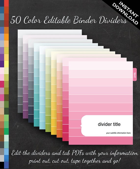 filofax binder dividers printable editable rainbow ombre binder divider tabs template