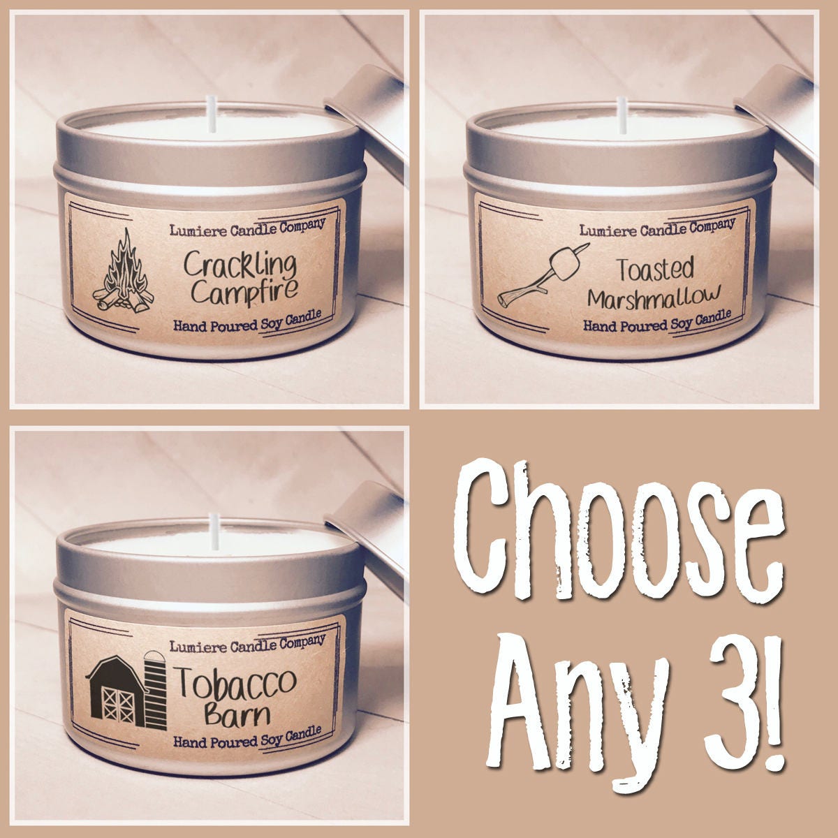 PICK ANY 3 scented Soy Candle Tins Scented Soy Candles Hand